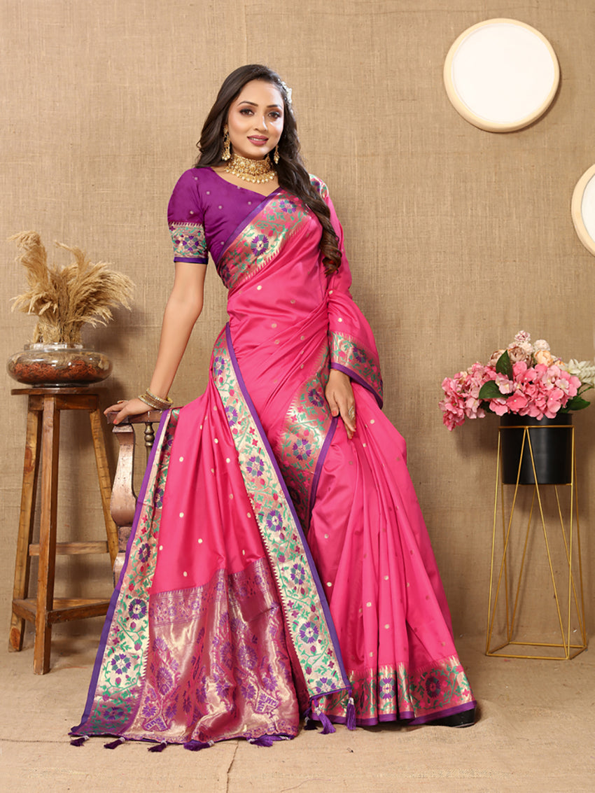 Lorenvalley Fashion Pink Soft Paithani Silk Woven Design Rich Meenakari Zari Weaving Pallu Saree