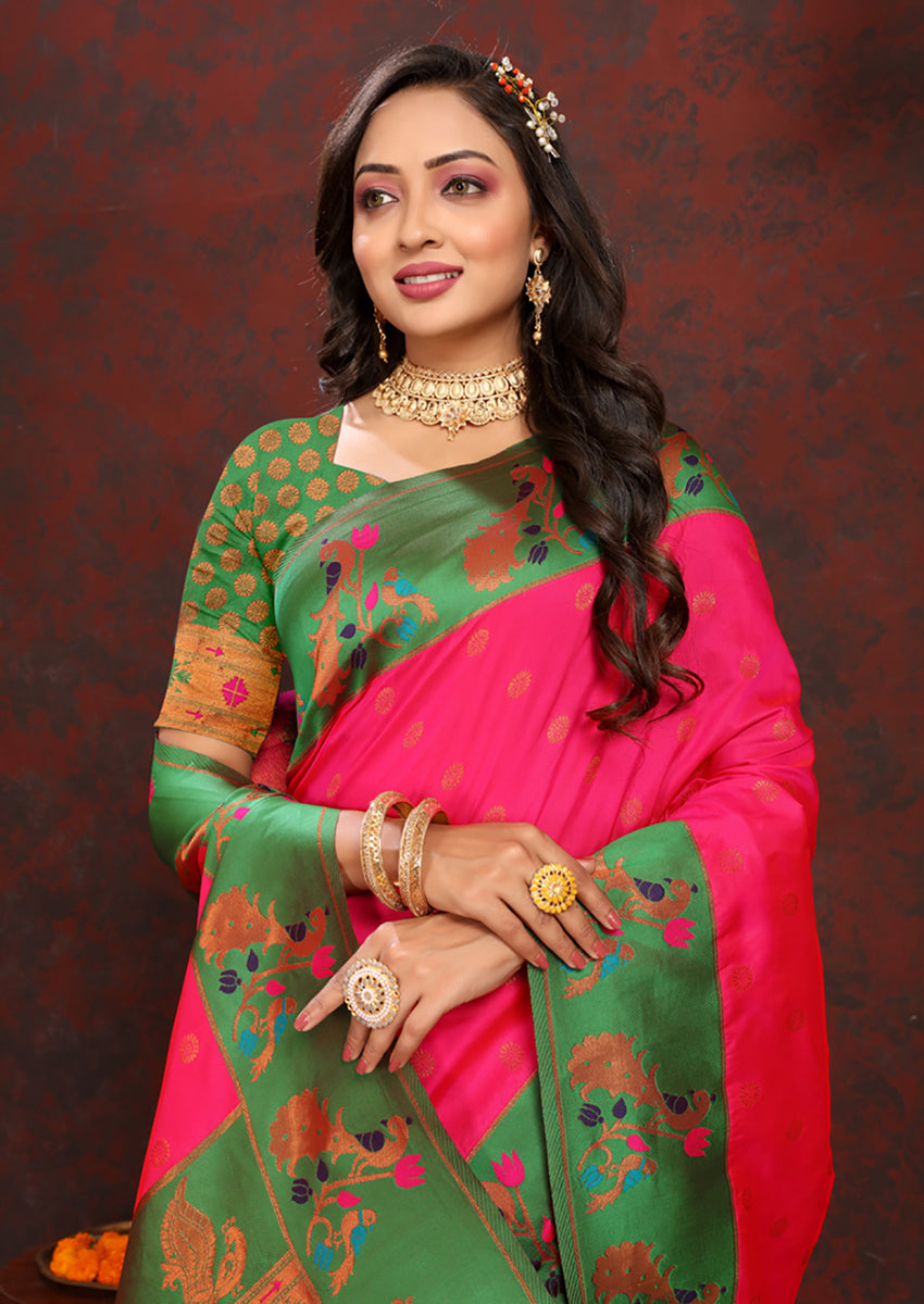 Lorenvalley Fashion Pink Soft Paithani Silk Woven Design Rich Zari Meenakari Weaving Saree