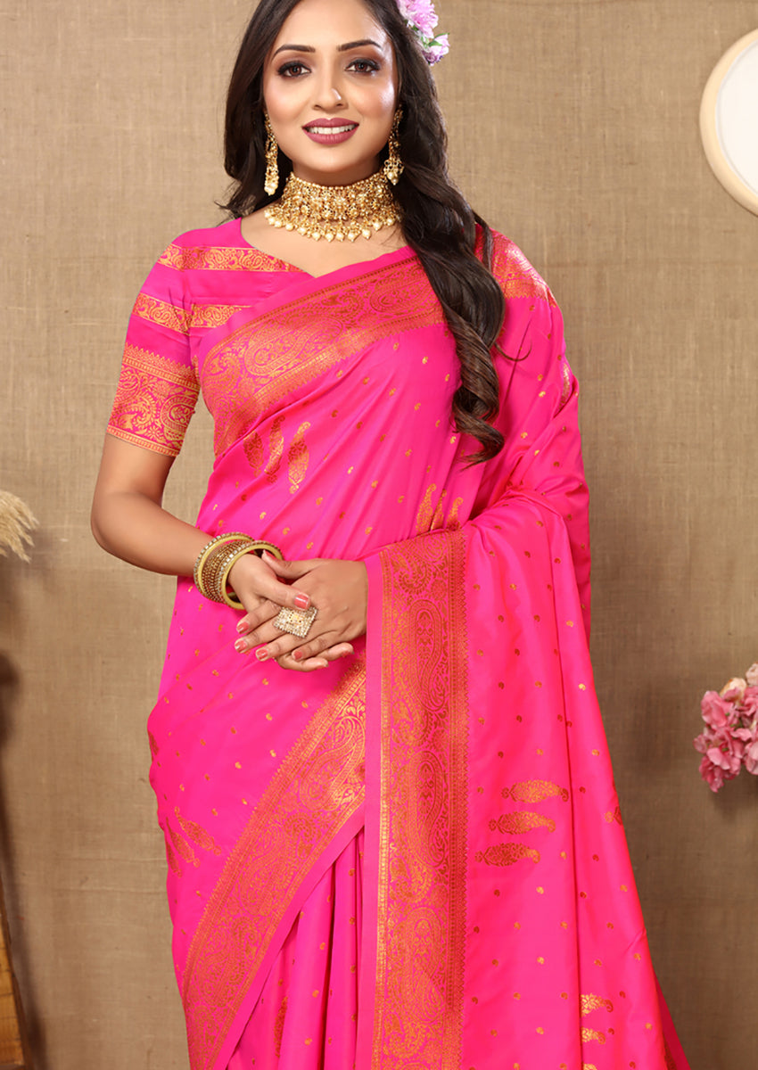 Lorenvalley Fashion Pink Soft Silk Copper Zari weaving Design Saree