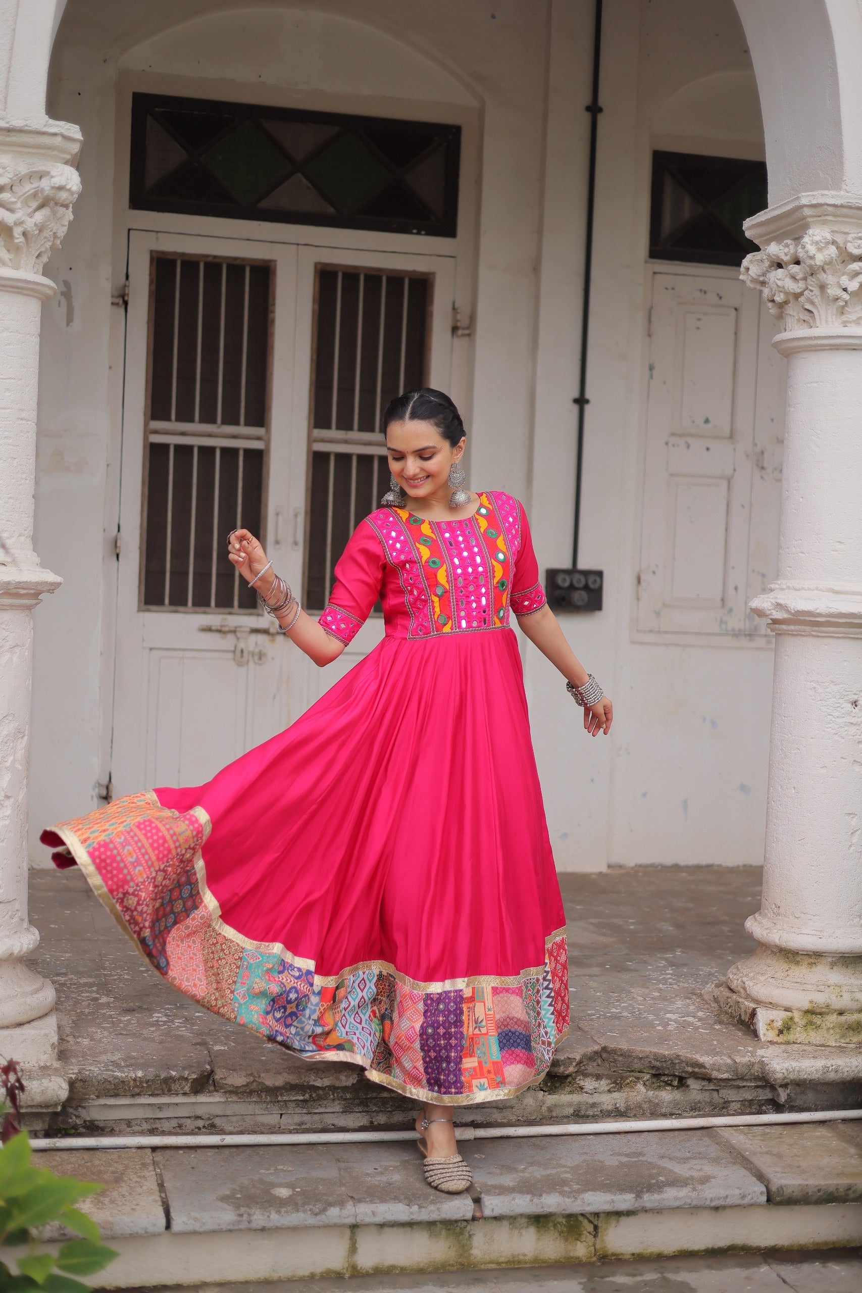 Lorenvalley Fashion Pink Roman Silk with Thread with mirror work & Maslin Crochet Print Work Gown