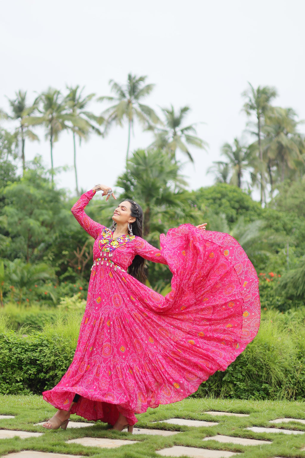 Lorenvalley Pink Faux Georgette Bandhani Print Work With Kutchi Patch Work Gown
