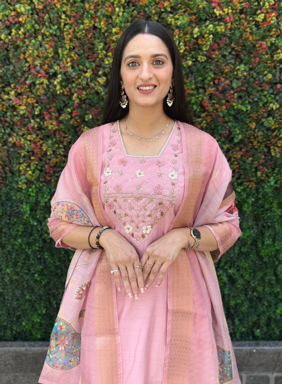 Lorenvalley Fashion Pink Roman Silk Hand Work Kurta Pant with Dupatta