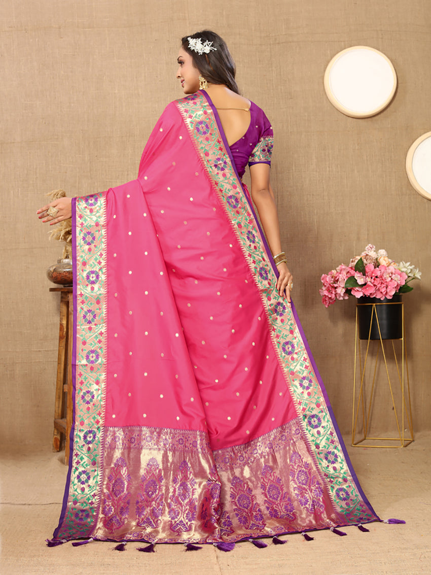 Lorenvalley Fashion Pink Soft Paithani Silk Woven Design Rich Meenakari Zari Weaving Pallu Saree