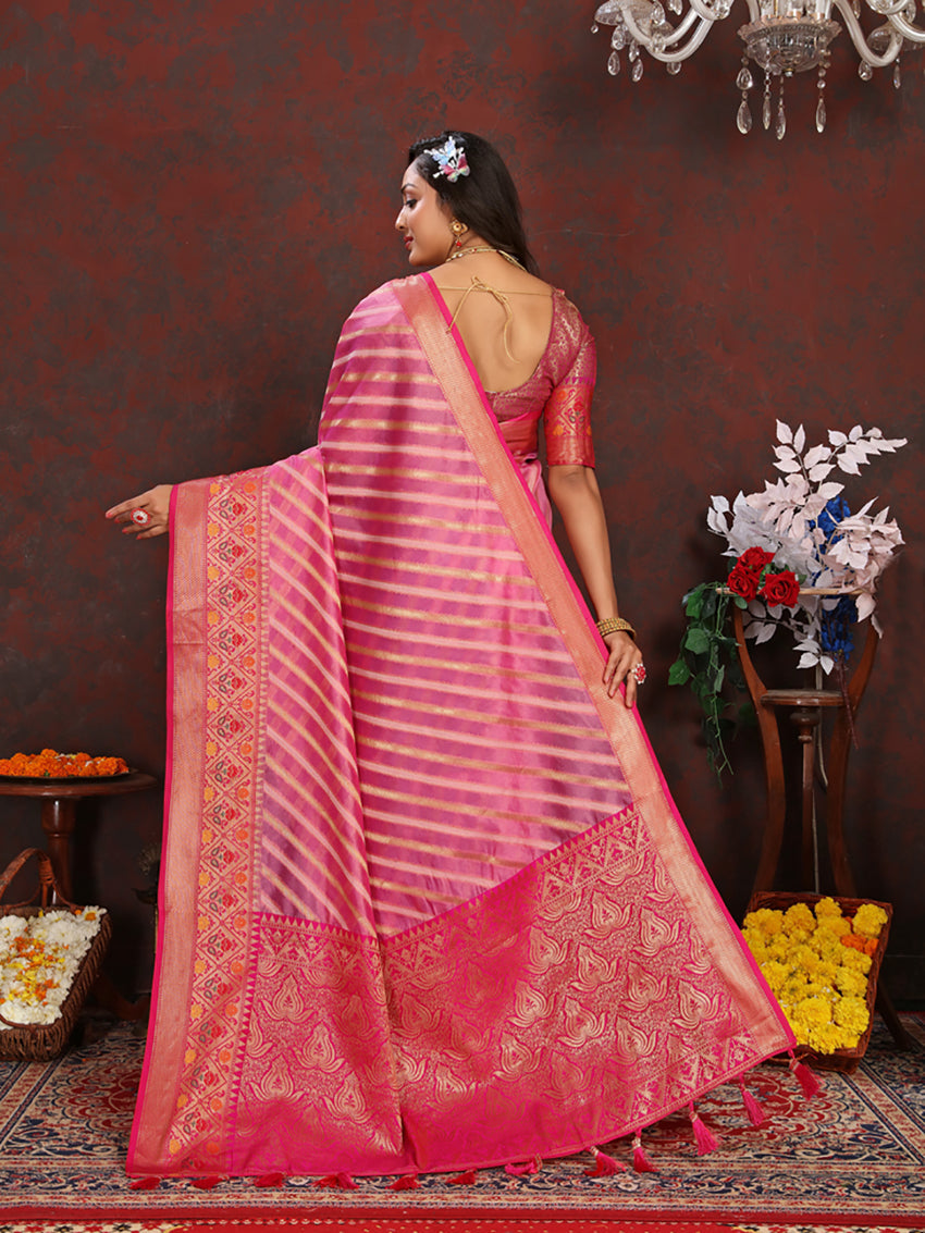 Lorenvalley Fashion Pink Organza Silk Woven Design with Rich Meenakari Weaving Pallu Saree