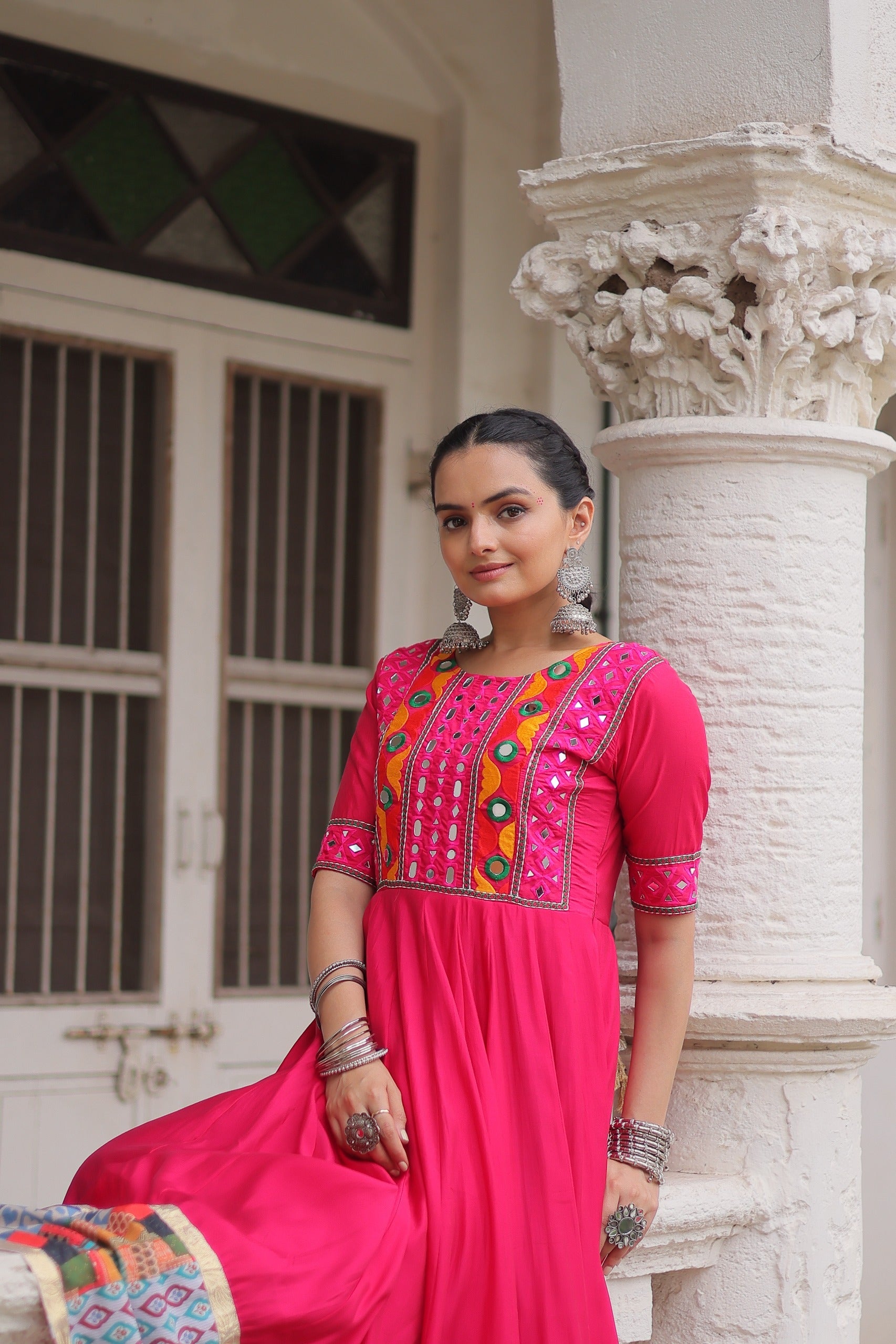 Lorenvalley Fashion Pink Roman Silk with Thread with mirror work & Maslin Crochet Print Work Gown