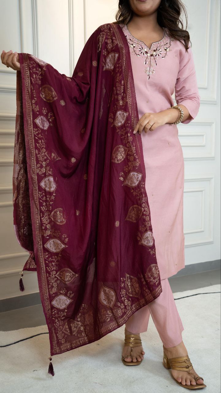 Lorenvalley Fashion Pink Roman Silk Hand Work Kurta Pant with Dupatta