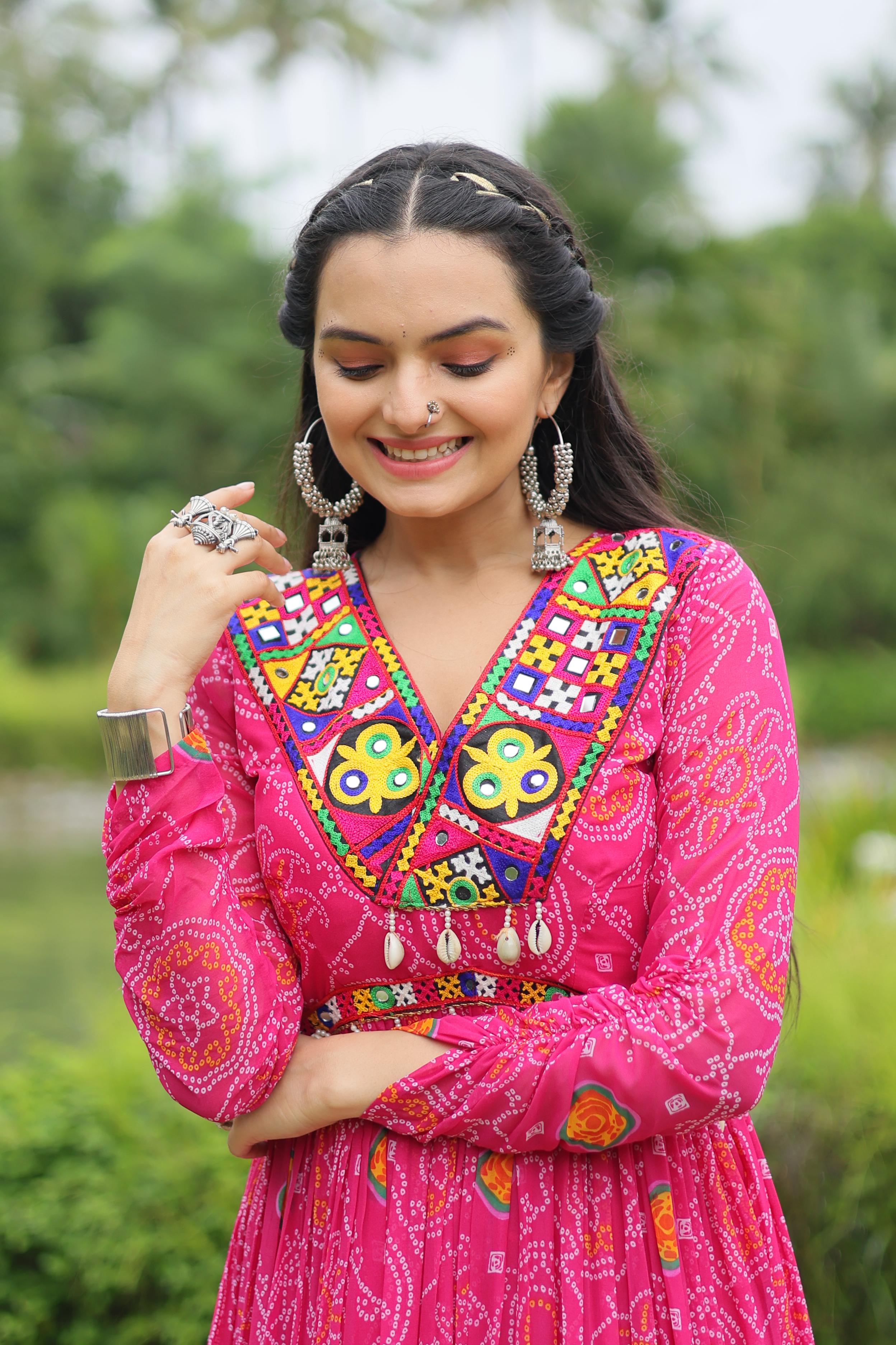 Lorenvalley Pink Faux Georgette Bandhani Print Work With Kutchi Patch Work Gown