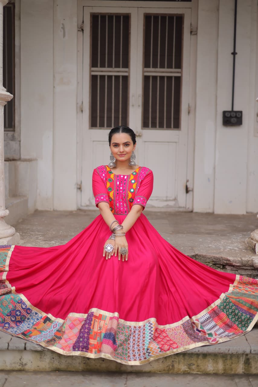 Lorenvalley Fashion Pink Roman Silk with Thread with mirror work & Maslin Crochet Print Work Gown
