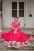 Lorenvalley Fashion Pink Roman Silk with Thread with mirror work & Maslin Crochet Print Work Gown