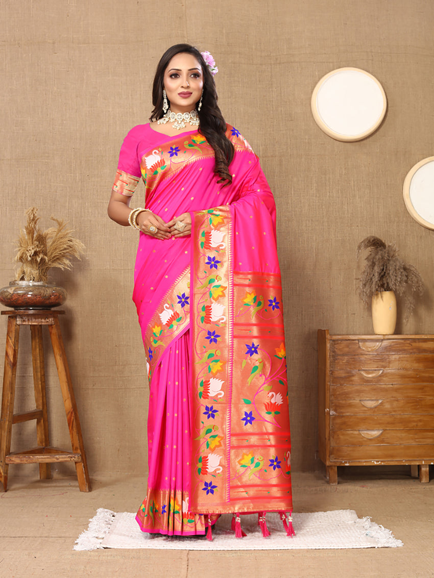 Lorenvalley Fashion Pink Soft Paithani Silk Woven Design Rich Zari Meenakari Weaving Saree