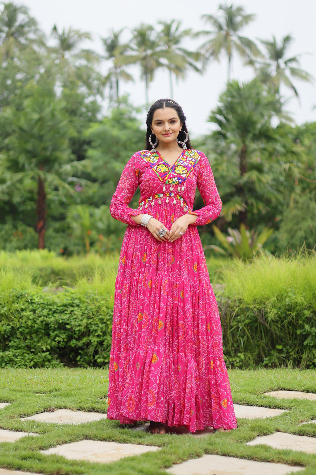 Lorenvalley Pink Faux Georgette Bandhani Print Work With Kutchi Patch Work Gown