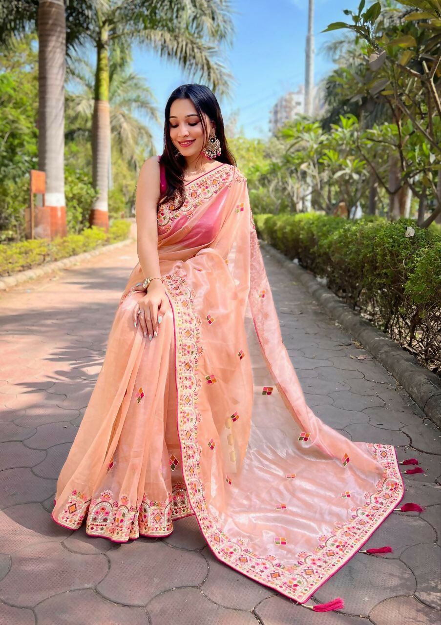 Vastranavya Twill Net Designer Embroidery & Colour Thread & Diamond work Saree with Blouse Material - Peach