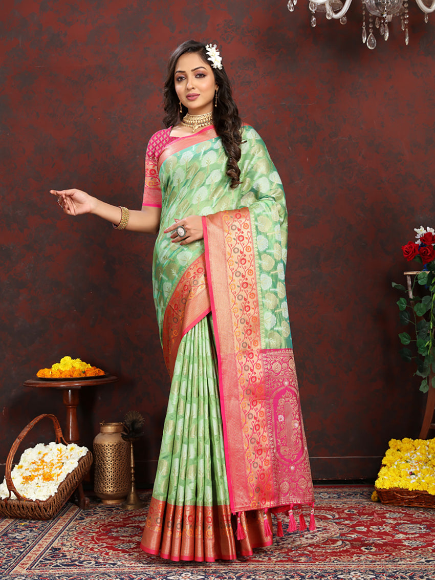Lorenvalley Fashion Pista Organza Silk Woven Design with Rich Meenakari Weaving Pallu Saree