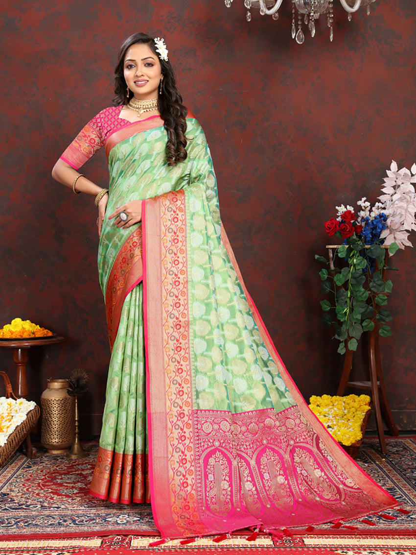 Lorenvalley Fashion Pista Organza Silk Woven Design with Rich Meenakari Weaving Pallu Saree