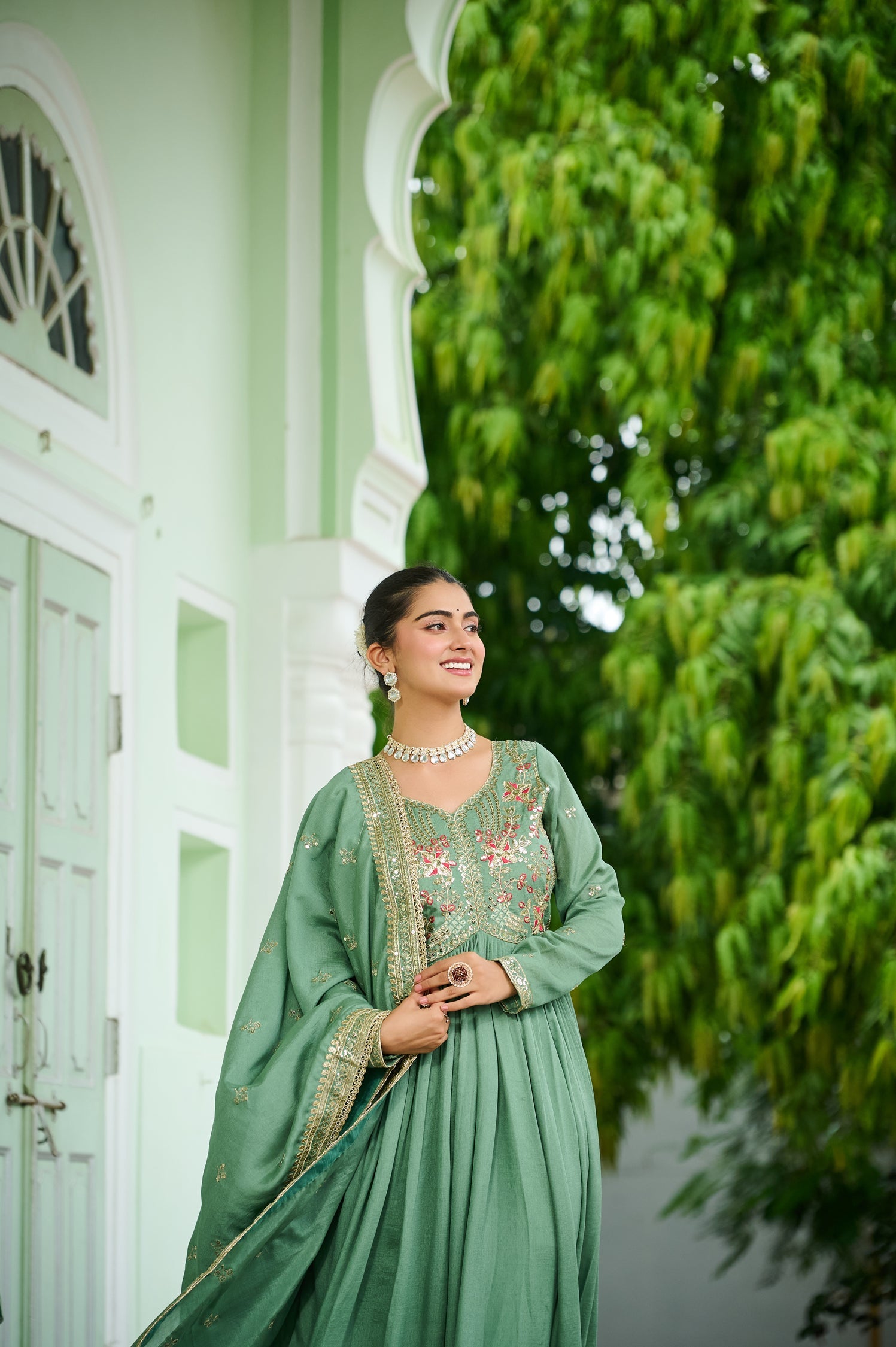 Lorenvalley Fashion Pista Vichitra Silk with Embroidered Zari & Thread work Anarkali Gown with Dupatta