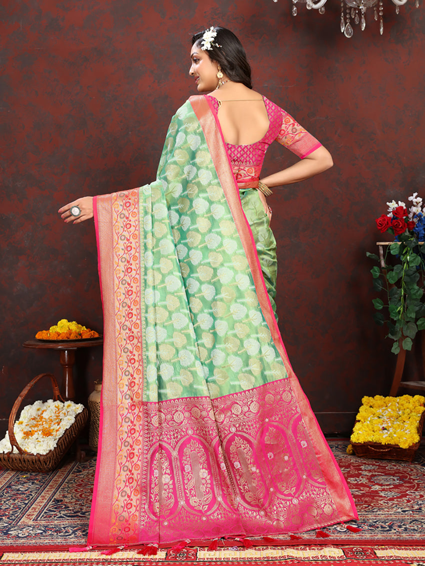 Lorenvalley Fashion Pista Organza Silk Woven Design with Rich Meenakari Weaving Pallu Saree