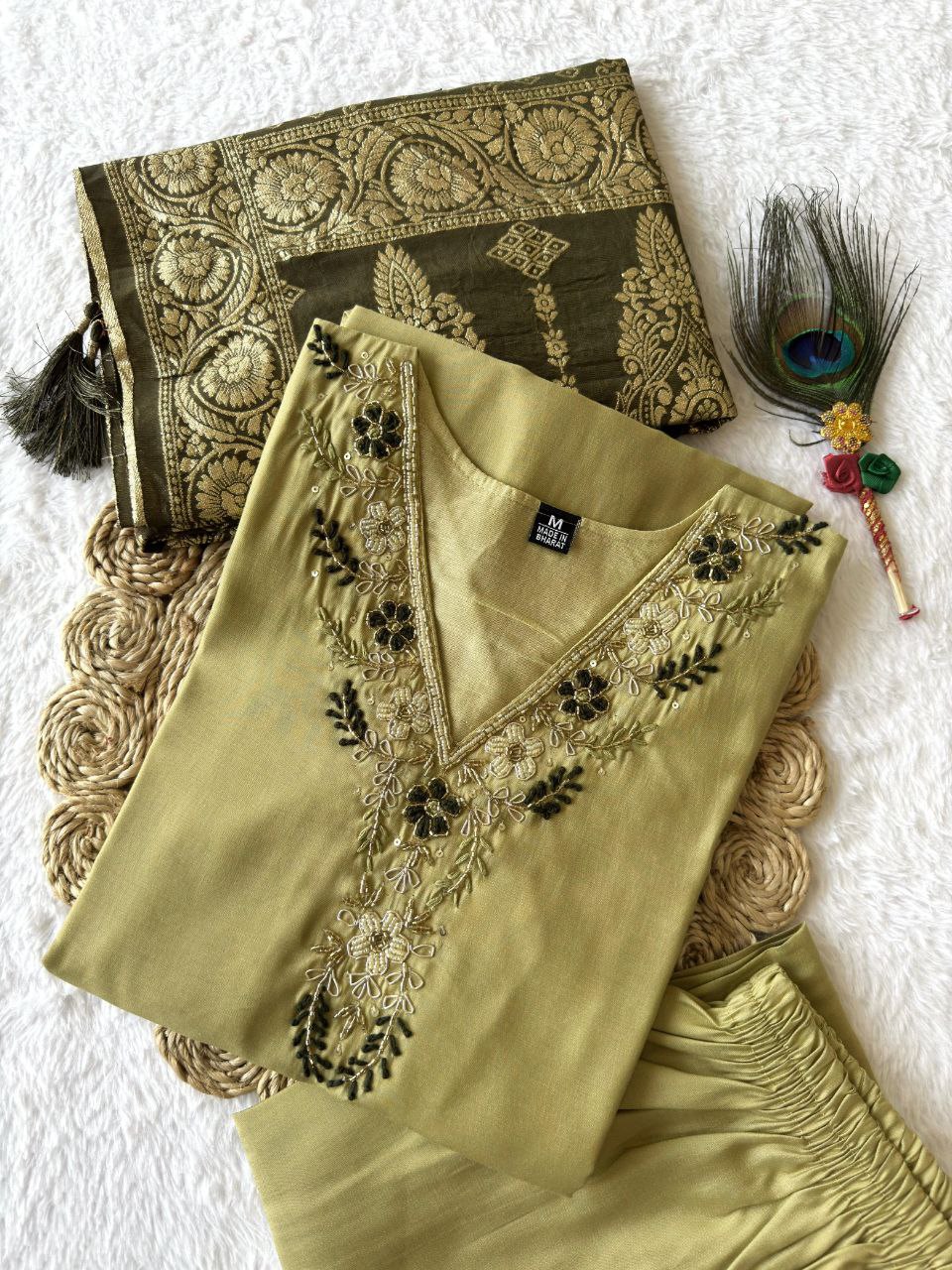 Lorenvalley Fashion Pista Roman Silk Hand Work Kurta Pant with Dupatta