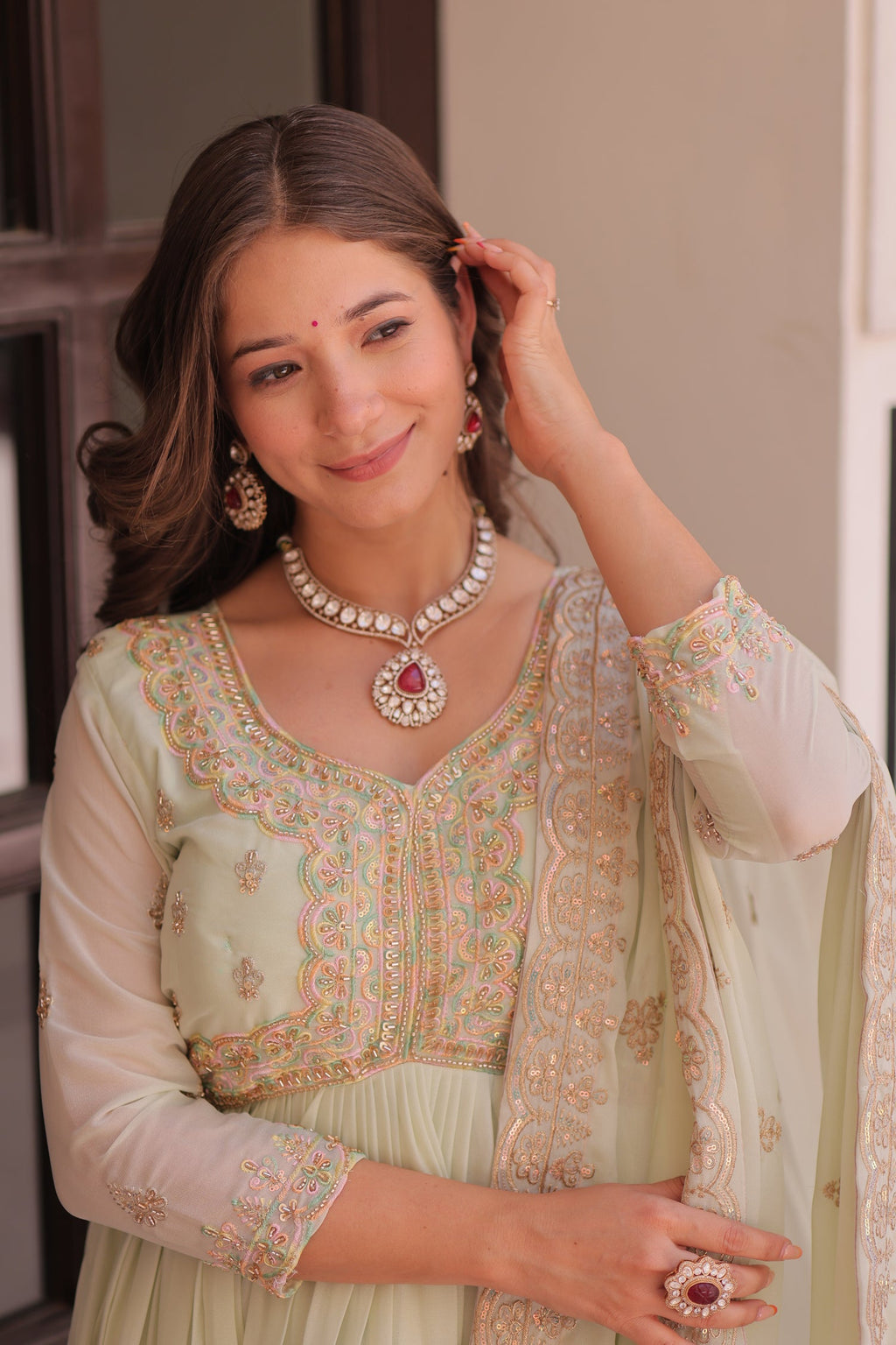 Lorenvalley Fashion Pista Star Georgette with Beads & Sequins Multi Embroidered work Anarkali Gown with Dupatta