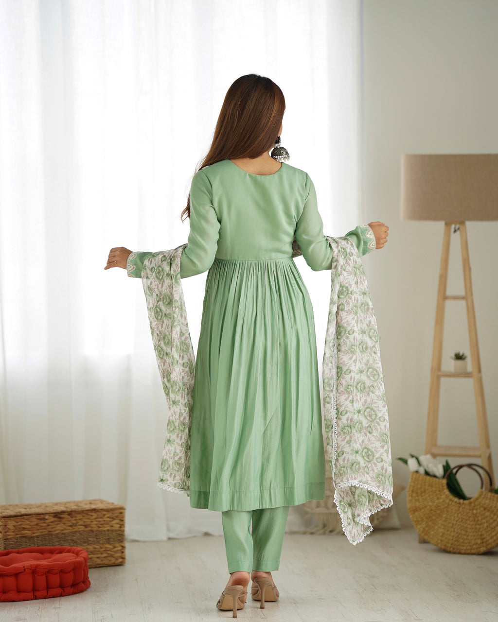 Lorenvalley Pista Roman Silk Chanderi Fabric Fit Nyra Cut Kurta Pant With Dupatta Set