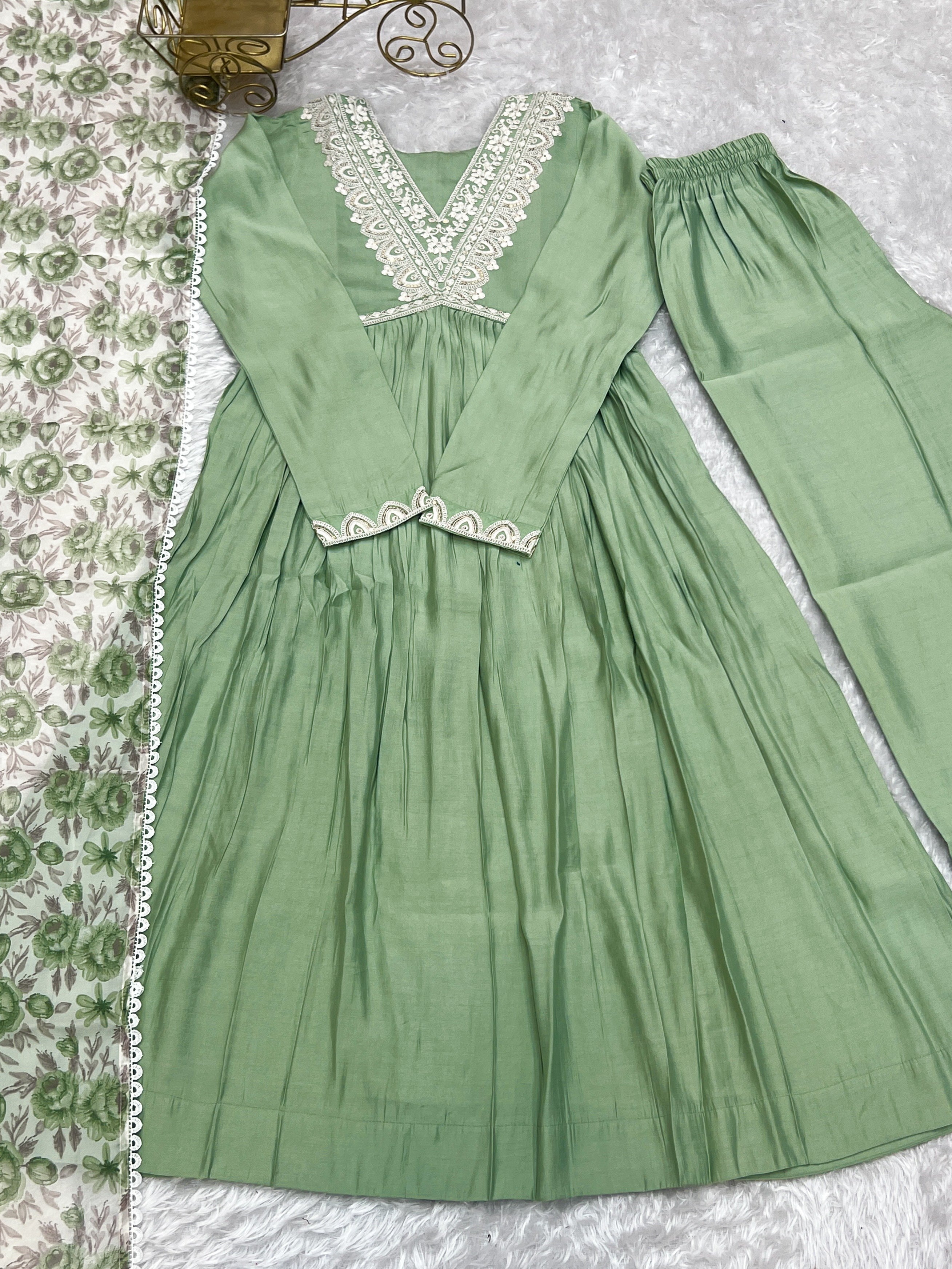 Lorenvalley Pista Roman Silk Chanderi Fabric Fit Nyra Cut Kurta Pant With Dupatta Set