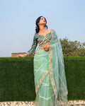 Evanik Pista Net Embroidery work Saree with Moti Hand work Blouse