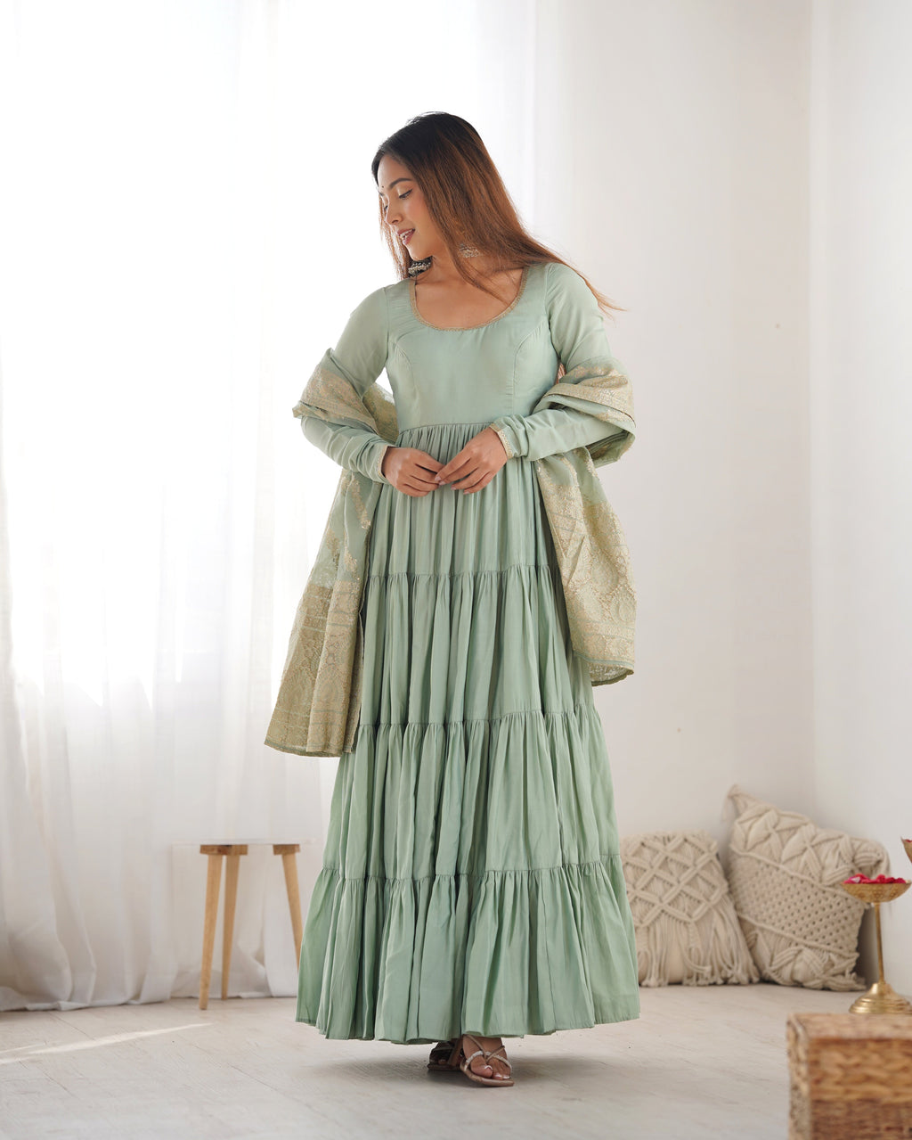 Lorenvalley Women Pure Roman silk Chanderi Fabric Layer Gathering Anarkali Kurta Pant With Dupatta Set