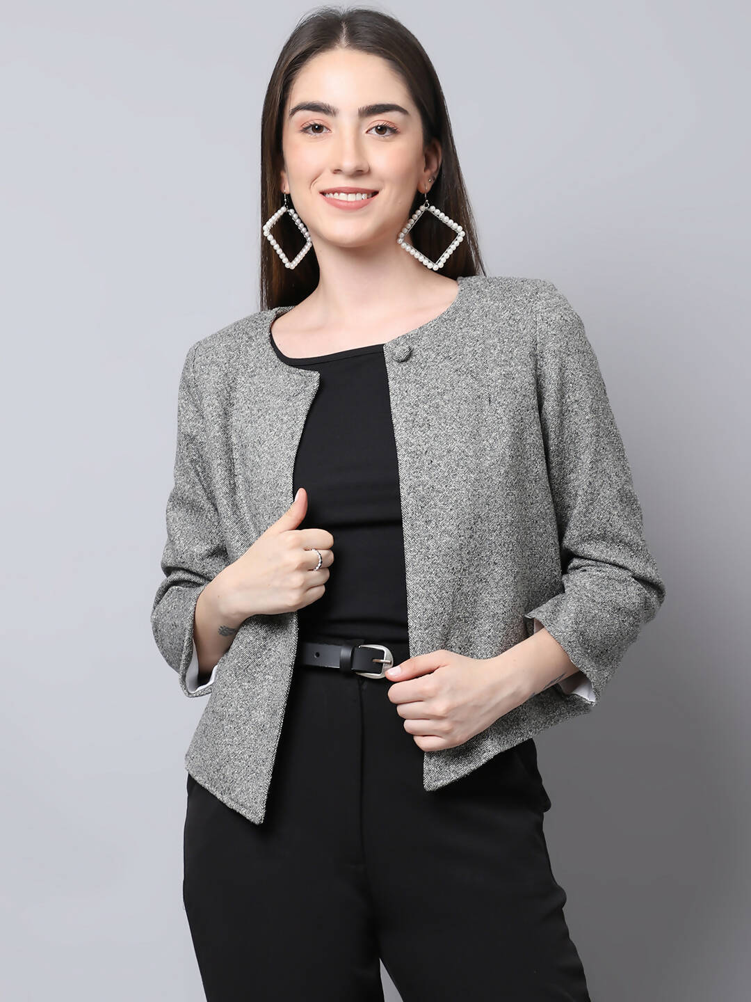 Even Apparels Grey Pure Wool Open Front Statement Women's Jacket