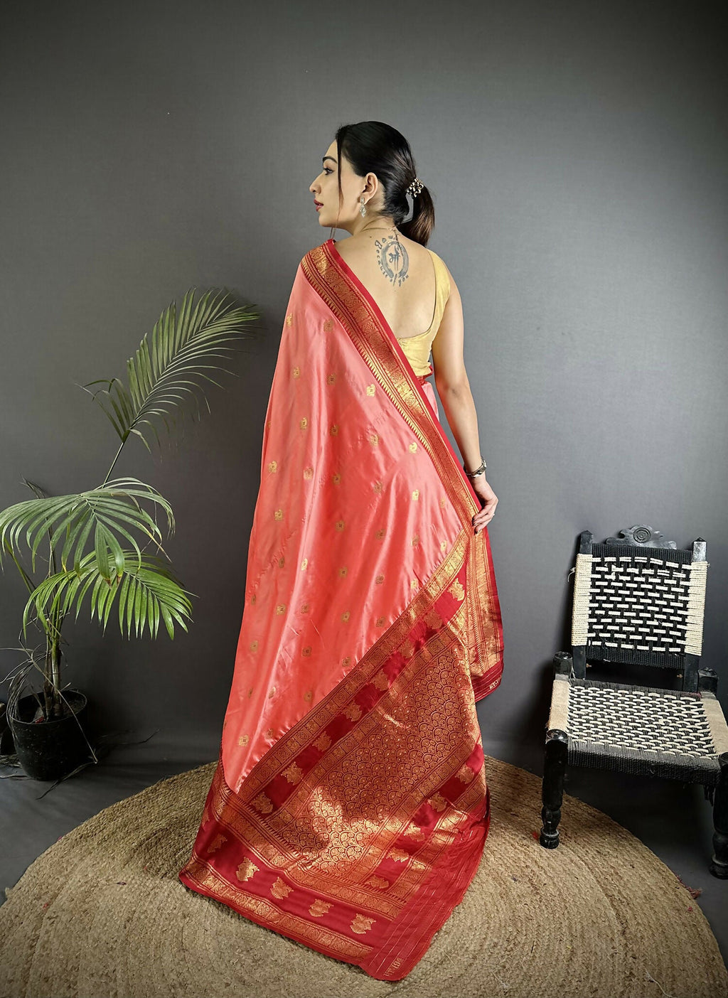 Joban Fashion Peach Banarasi Soft Silk Woven Butti Saree