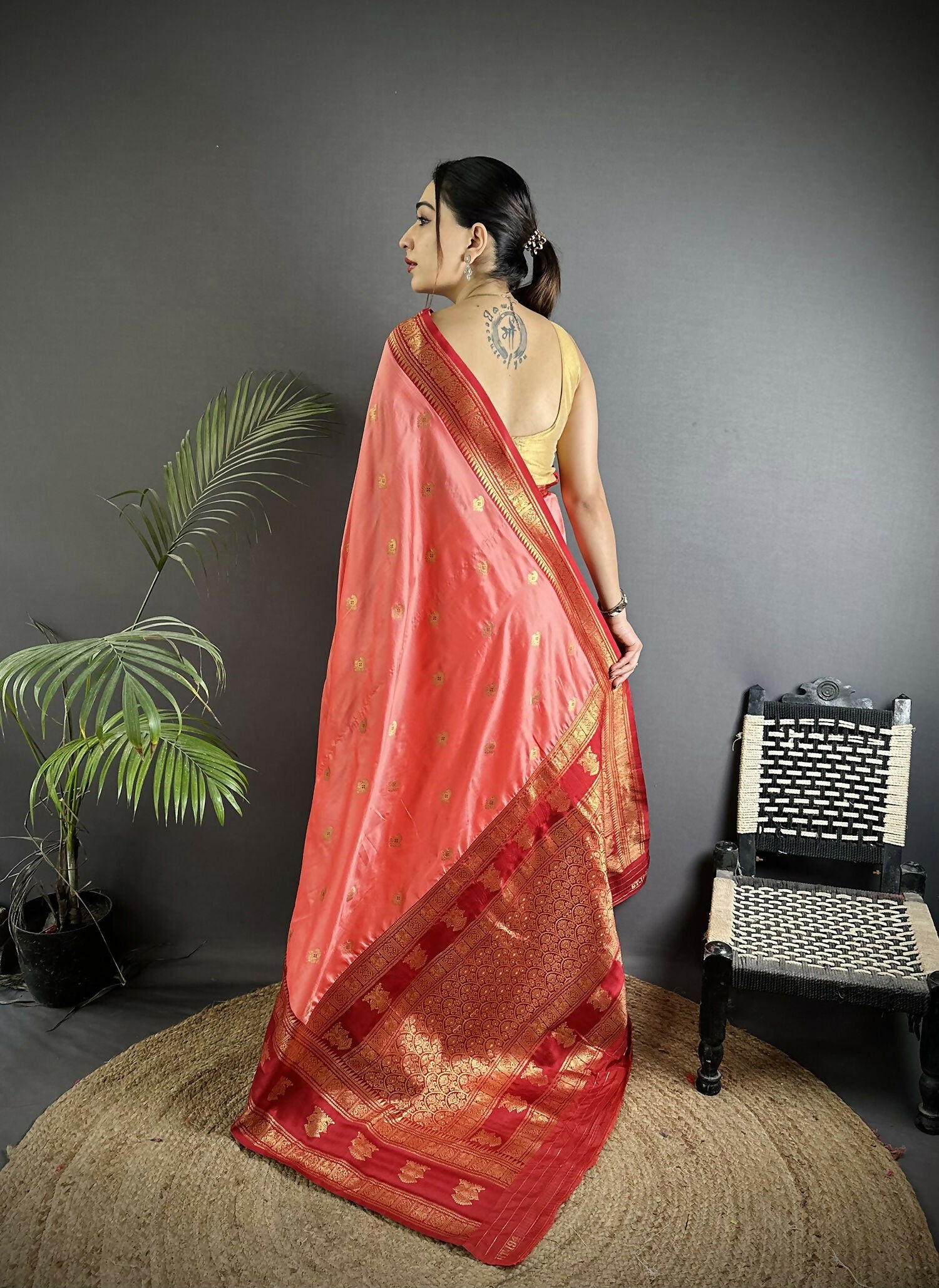 Joban Fashion Peach Banarasi Soft Silk Woven Butti Saree