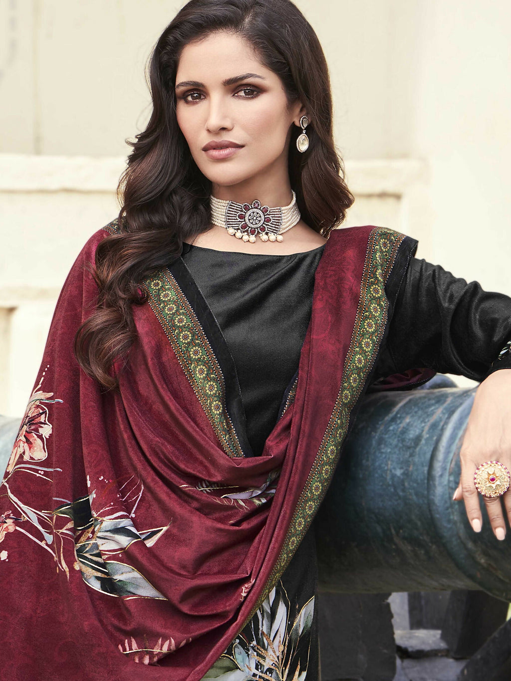 Jyoti Fashion Women's Black Velvet Floral Digital Printed Kurta with Trouser & Dupatta