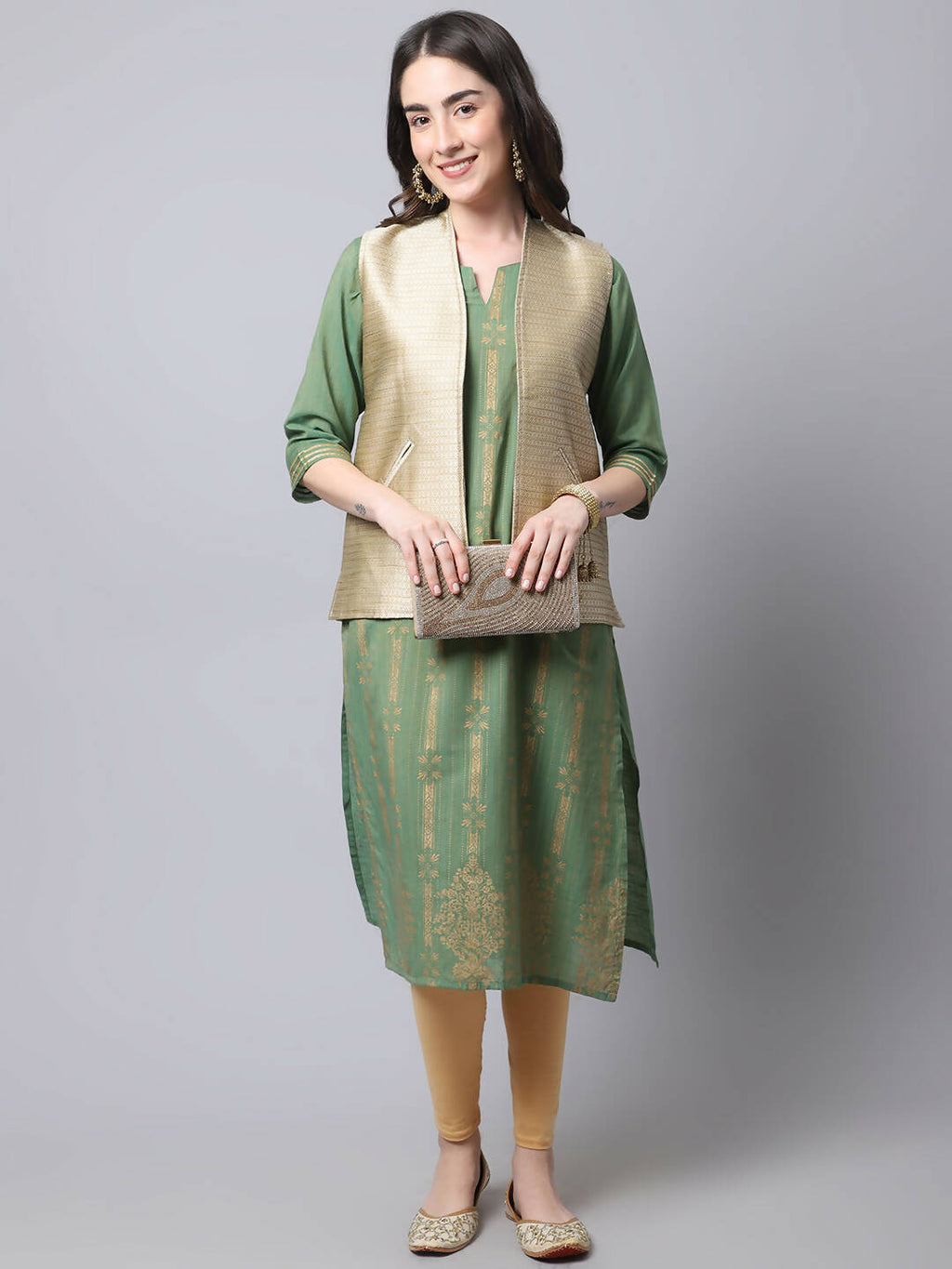 Even Apparels Beige Bansari Silk Open Front Gillet