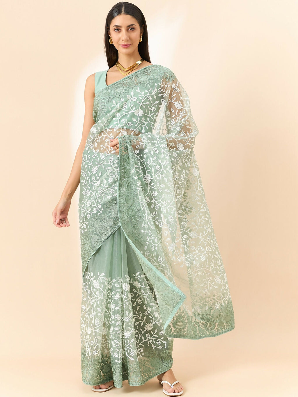 Green Organza Floral Embroidered Saree with Unstitched Blouse Piece - Roozal