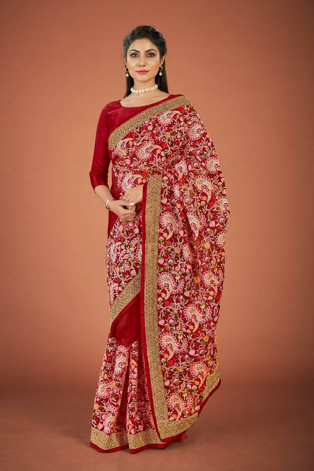 Vamsee Maroon Organza Saree