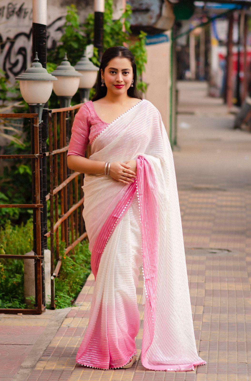 Pink Poly Chiffon Striped Saree with Unstitched Blouse - Hiral Fashion
