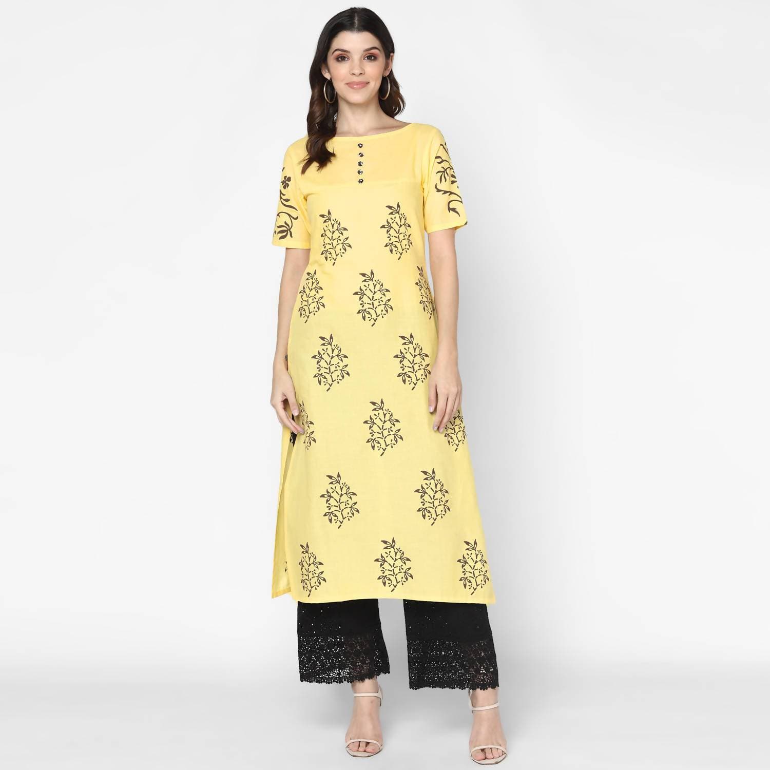 Cheera Hand Block Print Pale Yellow & Black Straight Kurta With Palazzo (MAAI-082K)