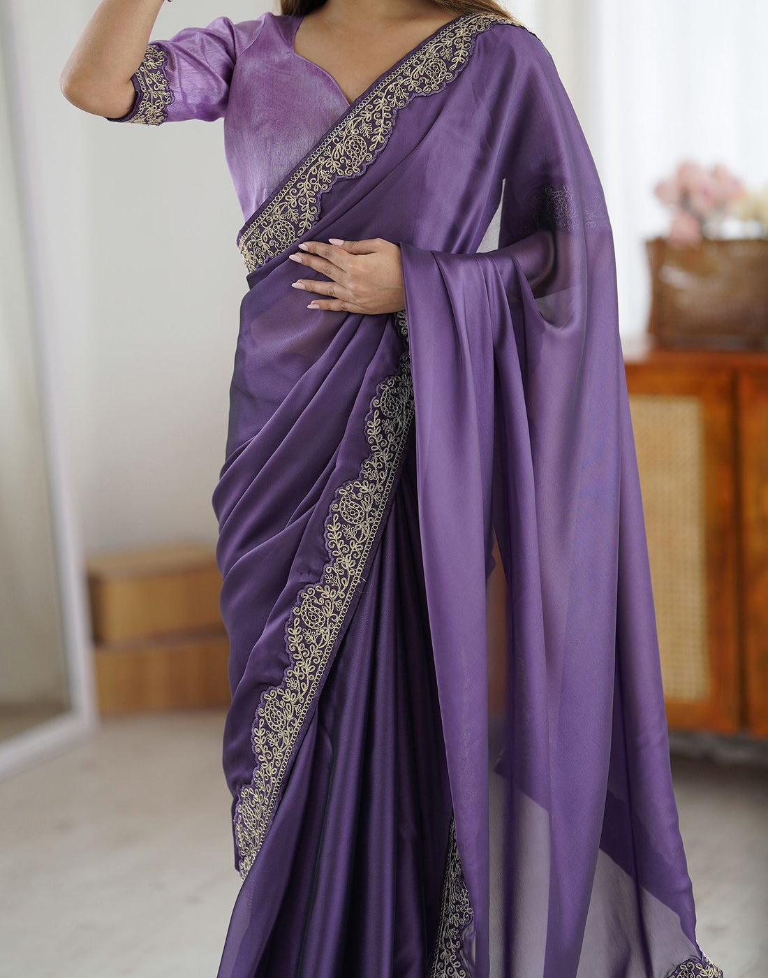 Lorenvalley Fashion Lavender Rangoli Silk with Coding Lace Work Saree with Blouse