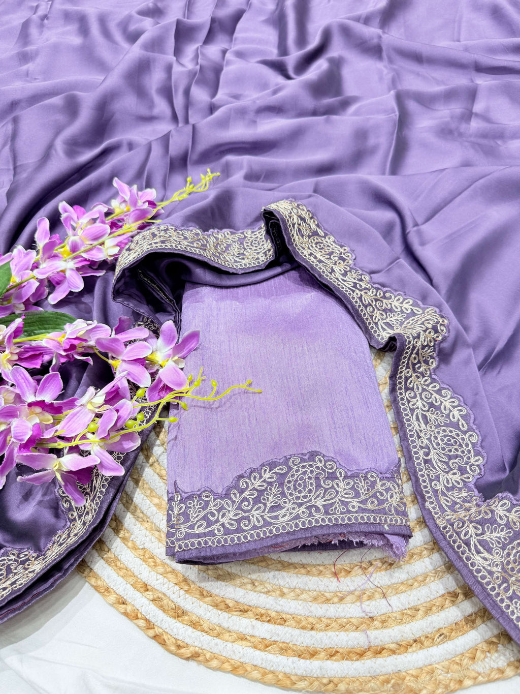 Lorenvalley Fashion Lavender Rangoli Silk with Coding Lace Work Saree with Blouse