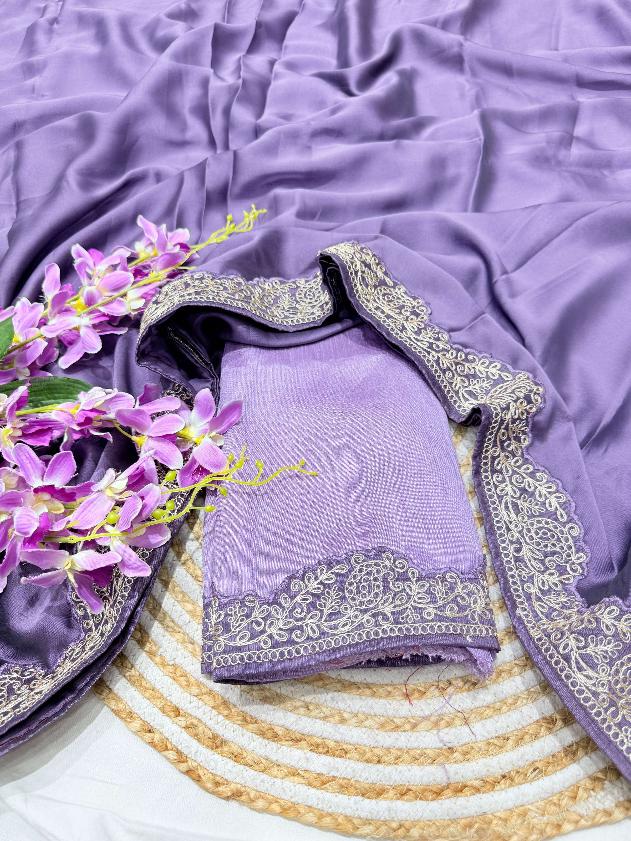 Lorenvalley Fashion Lavender Rangoli Silk with Coding Lace Work Saree with Blouse