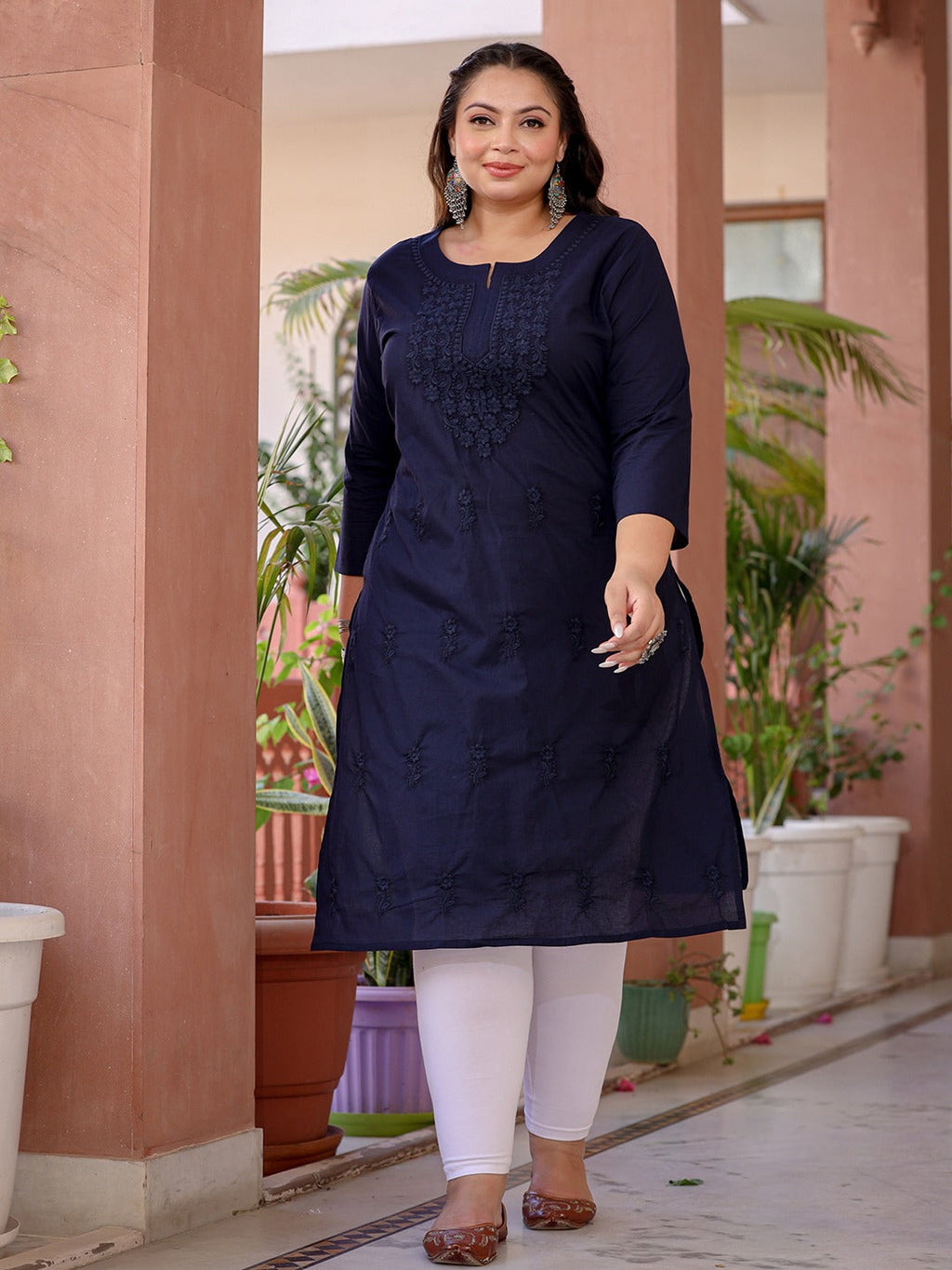 Yufta Navy Blue Floral Plus Size Chikankari Kurti Women