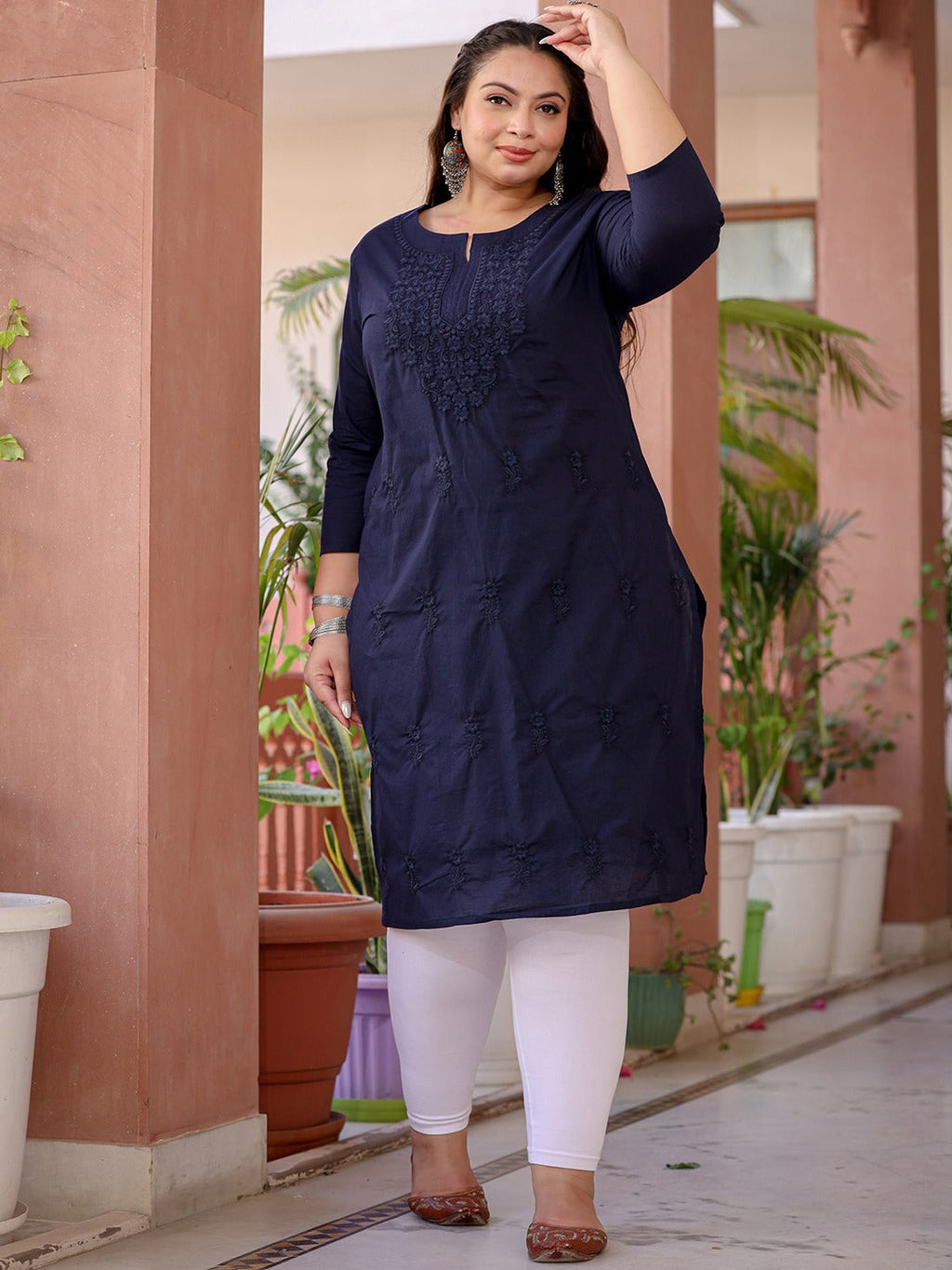 Yufta Navy Blue Floral Plus Size Chikankari Kurti Women