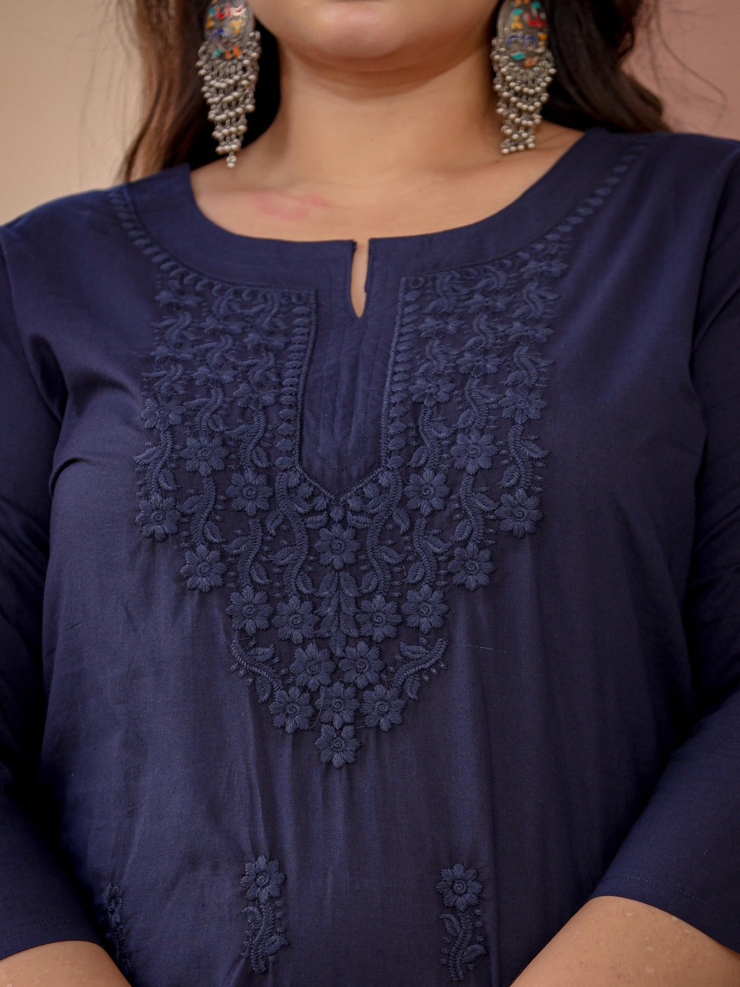 Yufta Navy Blue Floral Plus Size Chikankari Kurti Women
