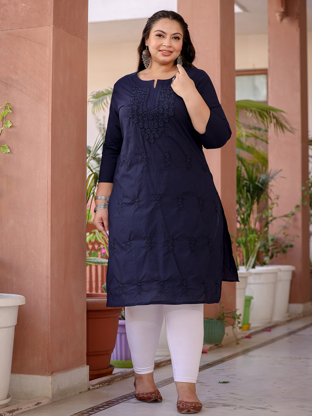 Yufta Navy Blue Floral Plus Size Chikankari Kurti Women