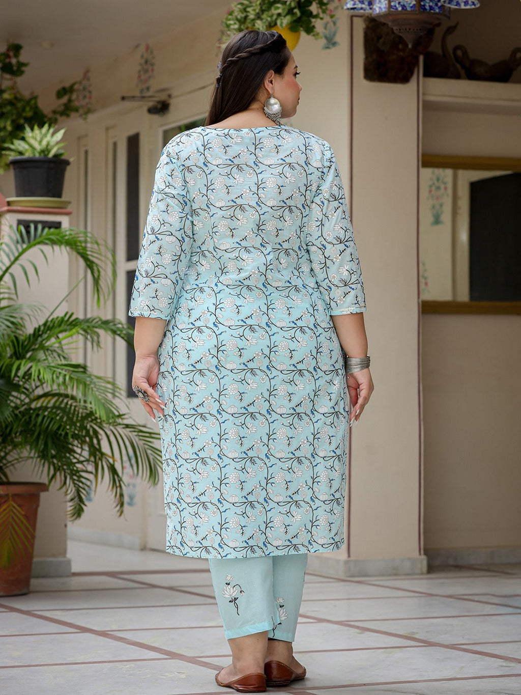 Yufta Plus Size Floral Cotton Kurta Dupatta Set