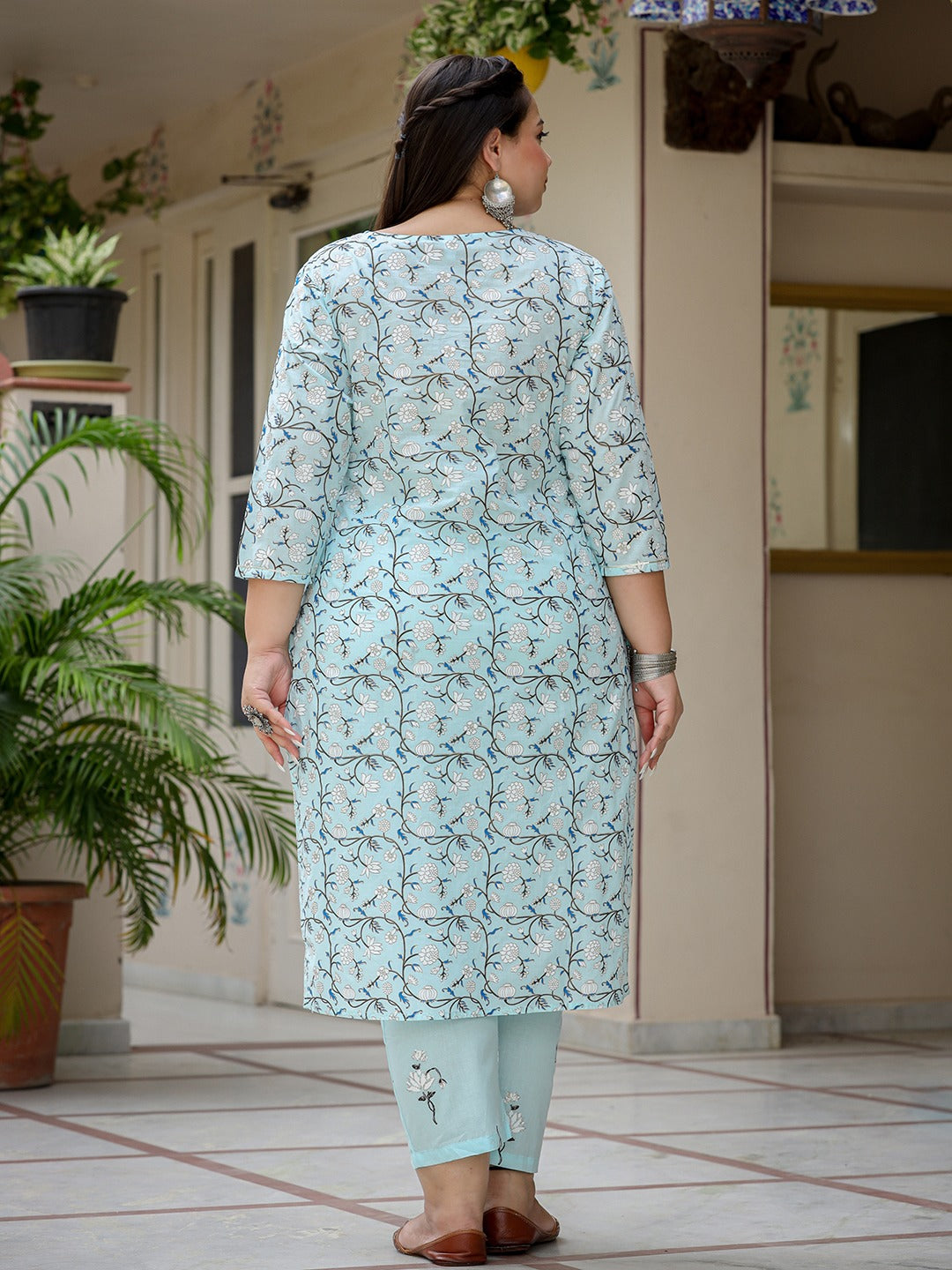 Yufta Plus Size Floral Cotton Kurta Dupatta Set
