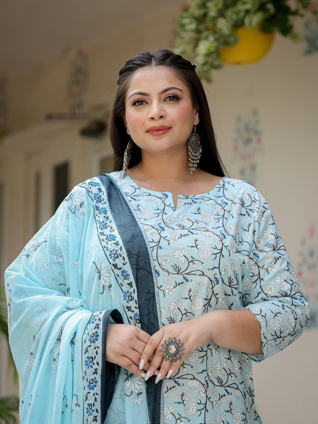 Yufta Plus Size Floral Cotton Kurta Dupatta Set
