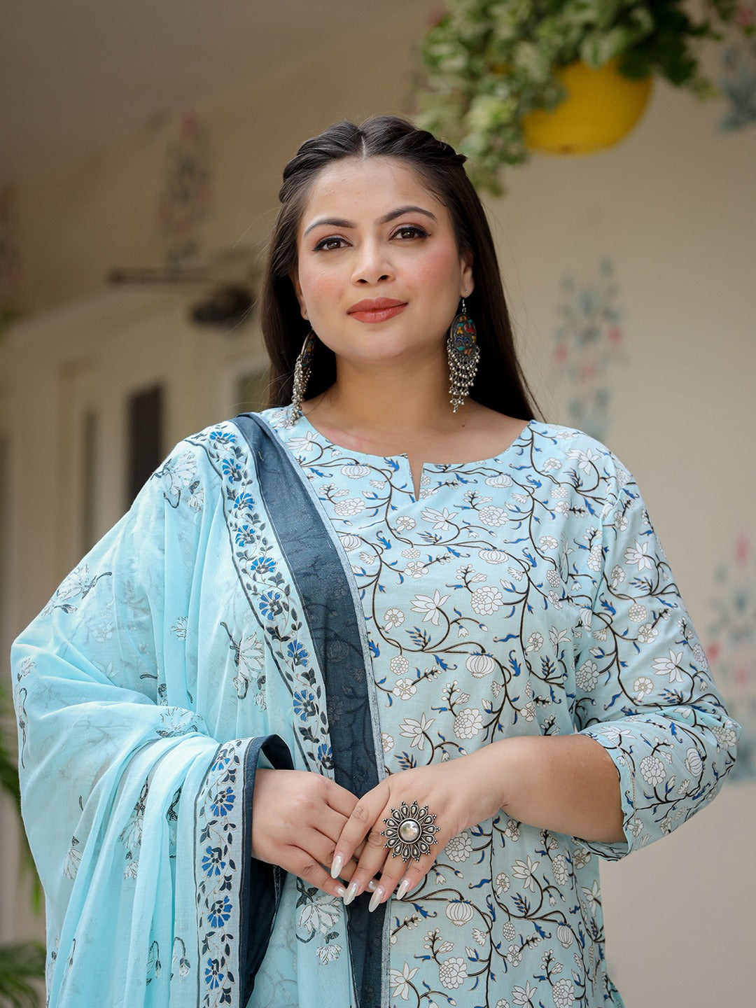 Yufta Plus Size Floral Cotton Kurta Dupatta Set
