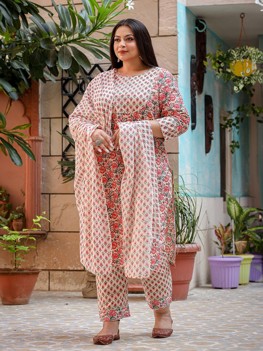 Yufta Plus Size Floral Printed Regular Pure Cotton Kurta with Trousers & Dupatta