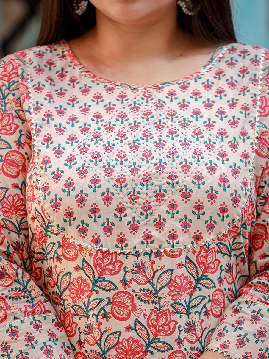 Yufta Plus Size Floral Printed Regular Pure Cotton Kurta with Trousers & Dupatta