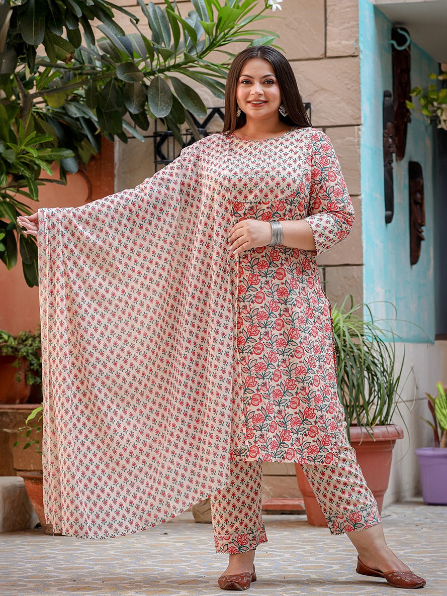 Yufta Plus Size Floral Printed Regular Pure Cotton Kurta with Trousers & Dupatta