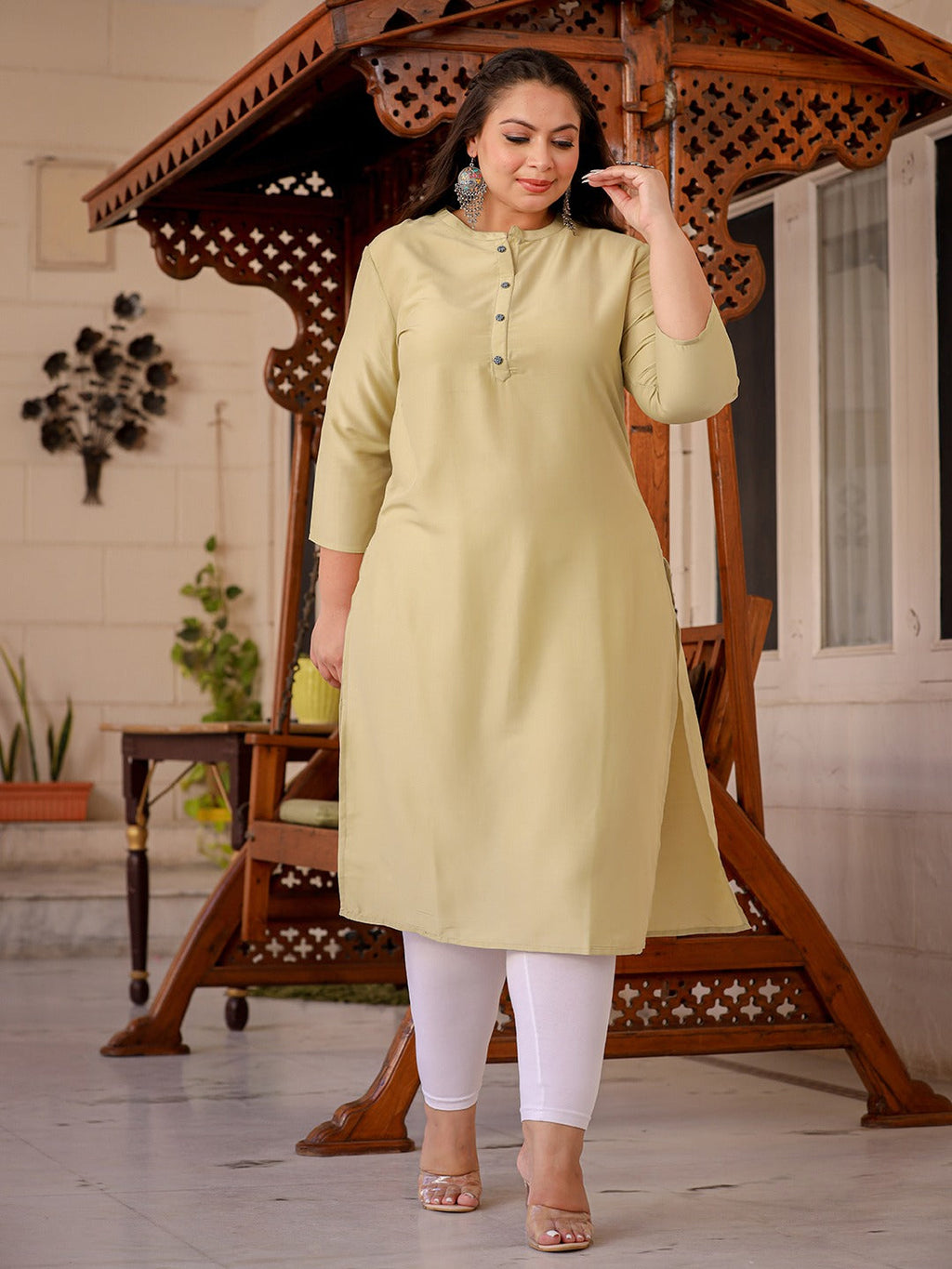 Yufta Light Green Straight Plus Size Kurta Women